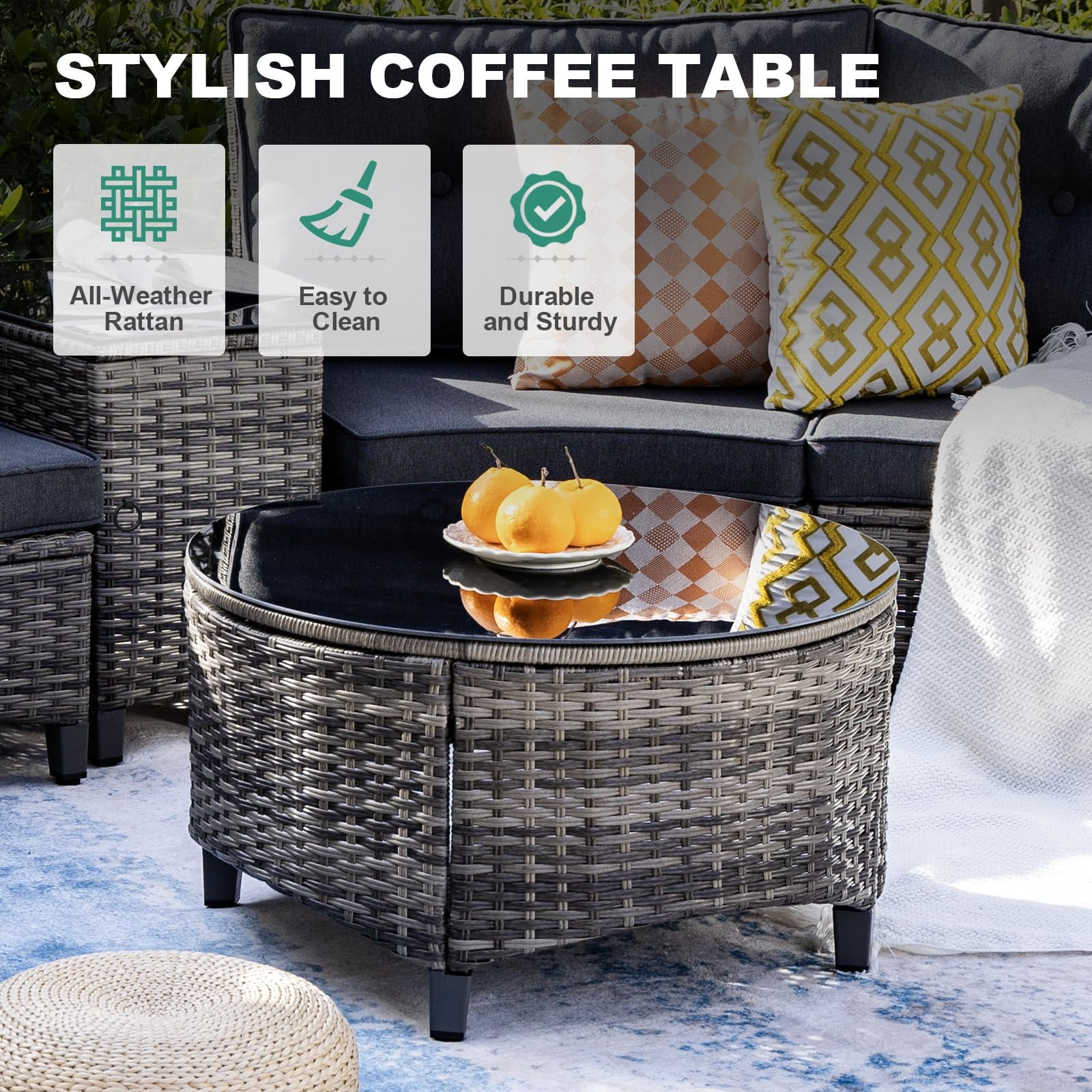 MEISSALIVVE 6 Piece Outdoor Patio Furniture Set, Half-Moon Curved Rattan Conversation Set with Wood Armrests, Round Coffee Table & Side Table(Grey)