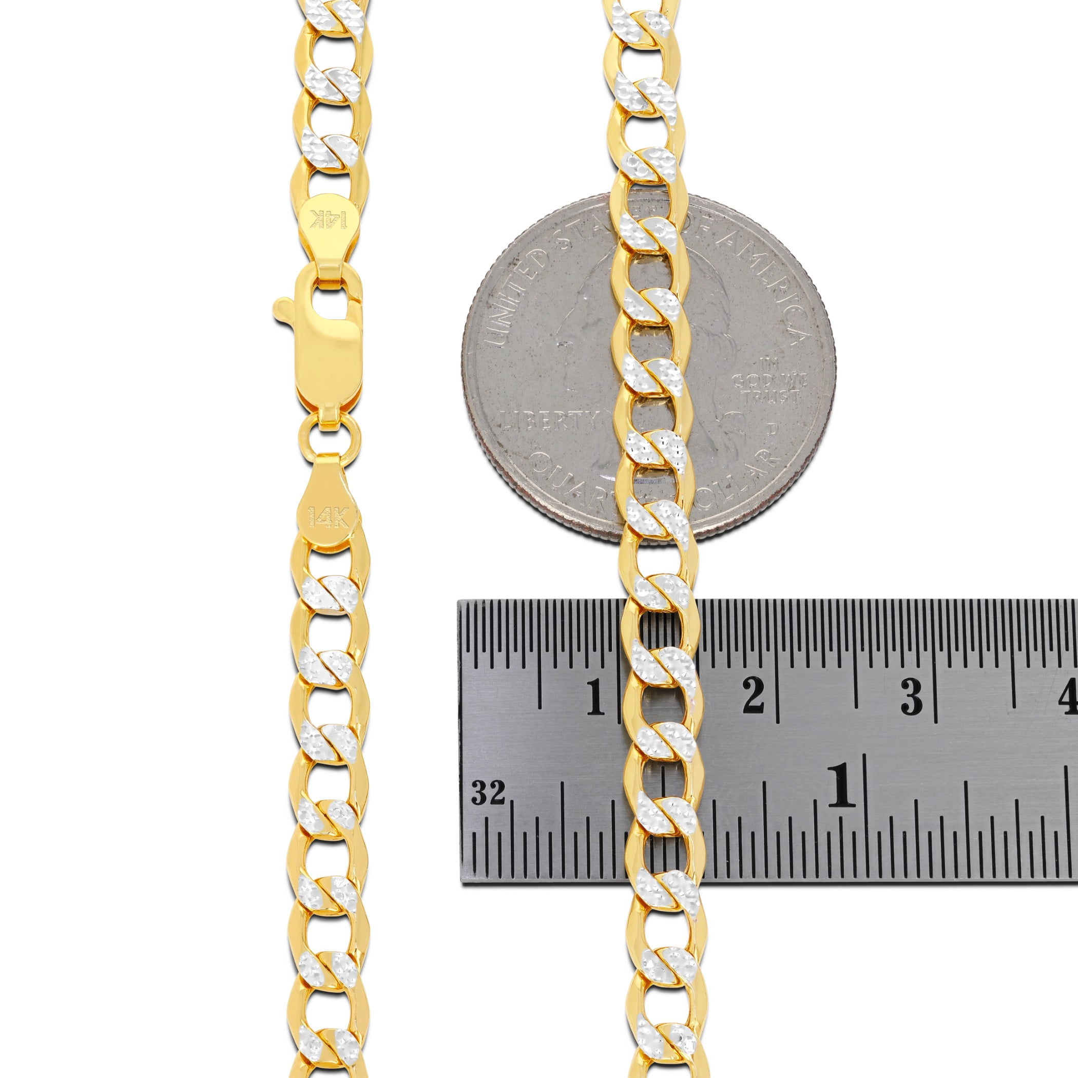 Nuragold 14k Real Yellow Gold Cuban Curb Link 5.5mm Diamond Cut Pave Chain Necklace (18"-26") Two Tone Italian Jewelry for Men