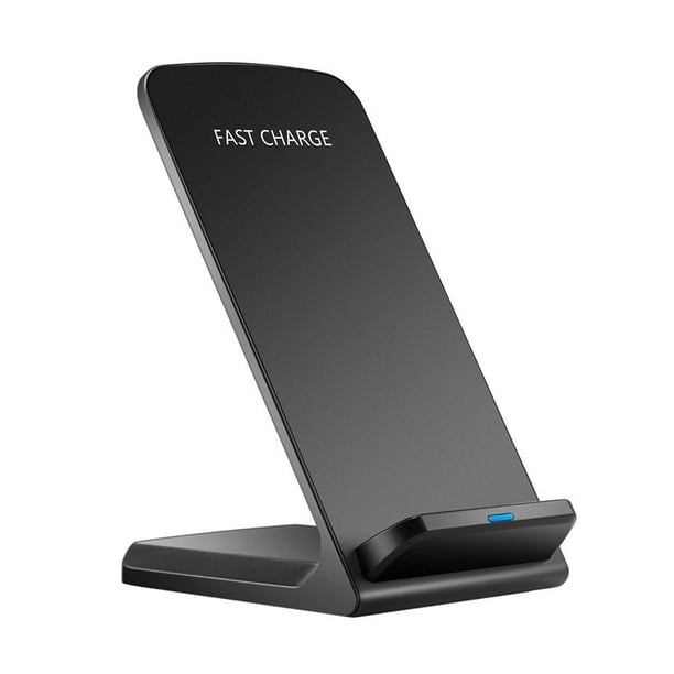 Cargador inalámbrico de 10W con soporte vertical, doble bobina y carga rápida, compatible con todos los teléfonos con tecnología inalámbrica, disponible en color negro o blanco.