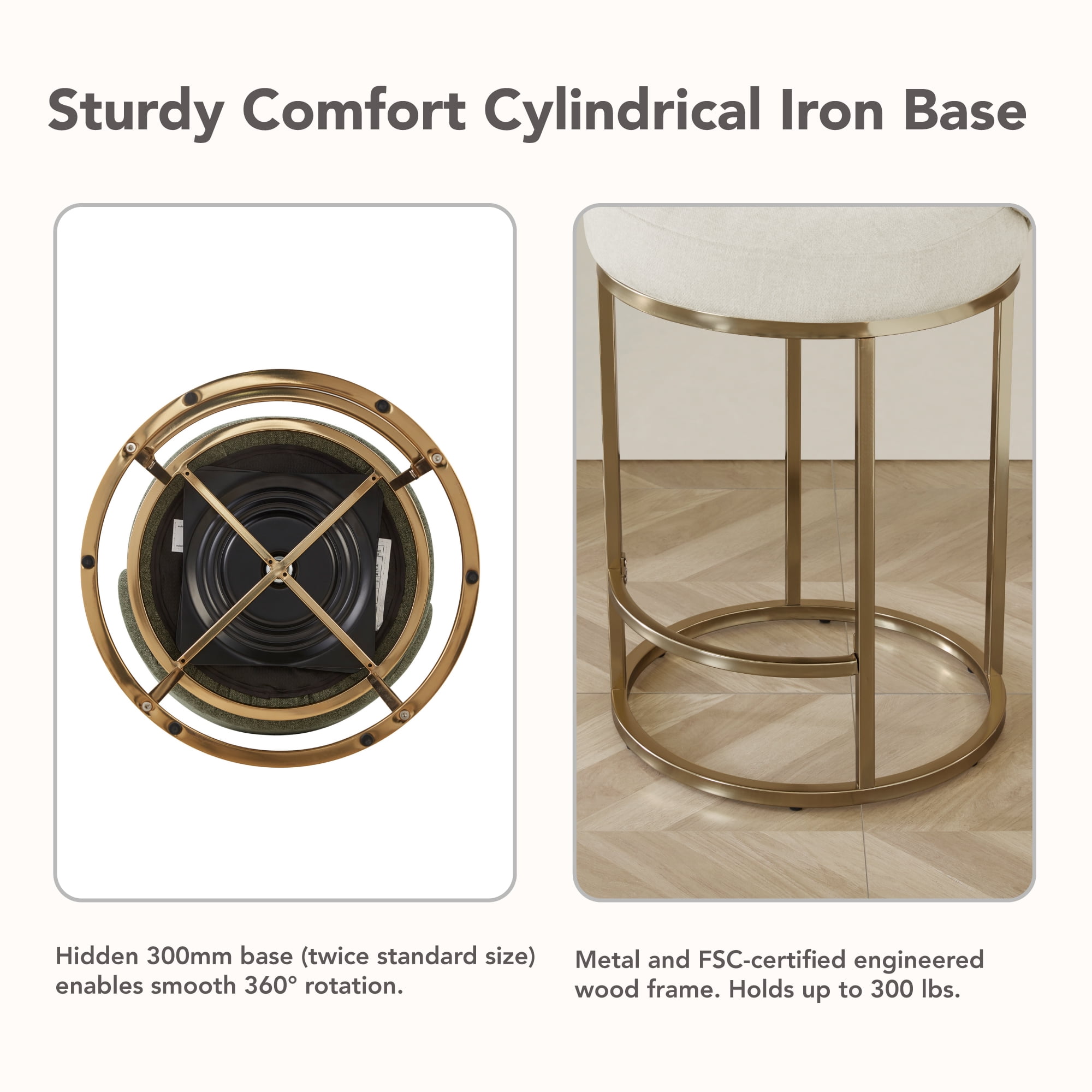 Spruce & Spring Counter Height Swivel Bar Stool with Arched Back and Metal Base Set of 3, Linen, Bronze Frame