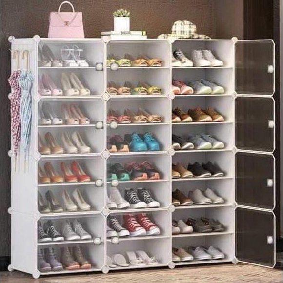 AGASY Shoe Rack, 24 Tiers Shoe Storage Cabinet 48 Pair Plastic Shoe Shelves Organizer for Closet Hallway Bedroom Entryway (12 Cubes, White Transparent)