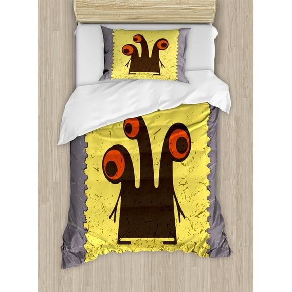 Abstract Duvet Cover Set, Trippy Creature Heads and Large Eyes on Yellow Stamp Illustration, Decorative 2 Piece Bedding Set with 1 Pillow Shams, Twin Size, Warm Taupe Yellow, by Ambesonne
