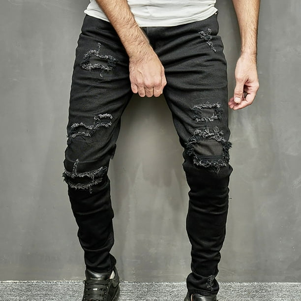 Pantalones largos para hombre, casuales, de mezclilla, de algodón, rectos, rotos, con agujeros, pantalones largos, pantalones para hombre