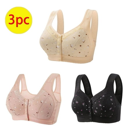 WCMZJ 3 Pack Daisy Bras for Women No Underwire Front Closure Comfort Senior Wireless Snap Closing Bra Plus Size Push up Bracieres Breathable Bra
