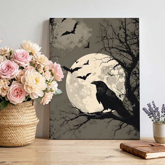 Black Crow Canvas Wall Art, Bat Moon Horror Bird Tree Branch Halloween Vintage Framed Canvas Wall Decor Picture Print Artwork Decorations for Living Room Office Ready to Hang 14" x 11"