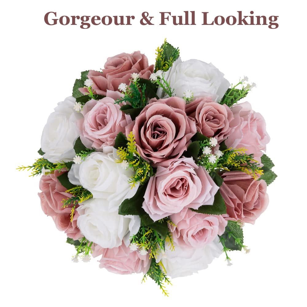 Nuptio Set of 10 Dusty Pink Rose Artificial Flower Kissing ball, 15 Heads Fake Peony Silk Flowers Bouquet for Centerpiece Wedding Birthday Party Home Table Decor