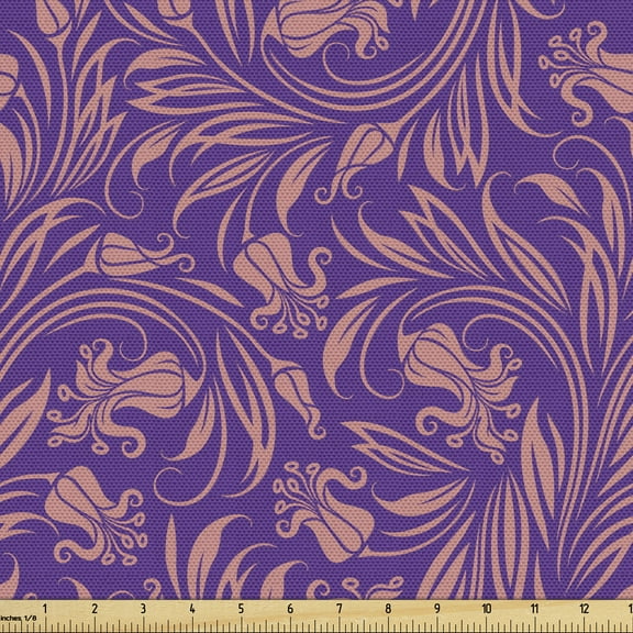 Scroll Fabric by the Yard, Abstract Flourishing Flowers and Buds Rococo Leaves Classical Romantic Design, Upholstery Fabric for Dining Chairs Home Decor Accents, 5 Yards, Violet and Coral by Ambesonne