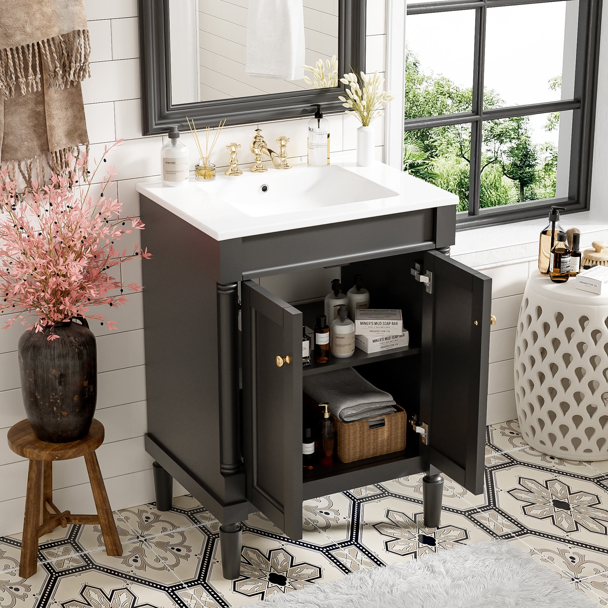 Harper & Bright Designs 24" Small Bathroom Vanity with Sink, Bathroom Storage Cabinet with 2-Tier Shelves, Black