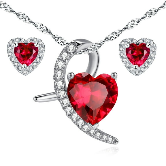 Moon Heart 4.0 Carat TCW Heart Created Ruby 925 Sterling Silver Necklace Pendant and Earrings 3 Pieces Jewelry Set
