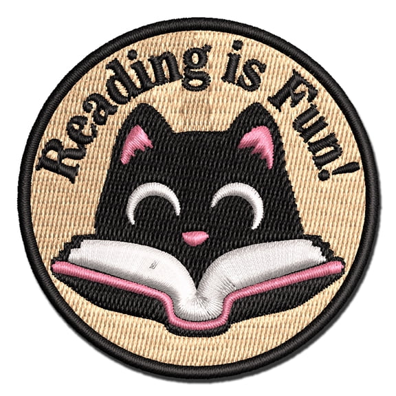 Reading is Fun Cat with Book Teacher Student Applique Multi-Color Embroidered Iron-On Patch - 2.5 Inch Small