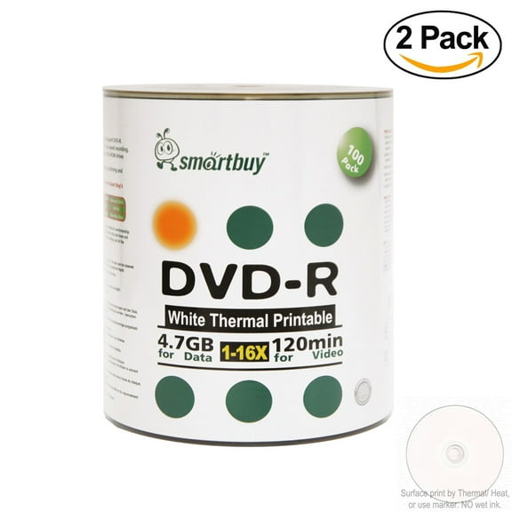 200 Pack Smartbuy 16X DVD-R 4.7GB 120Min White Thermal Hub Printable Data Blank Media Recordable Disc