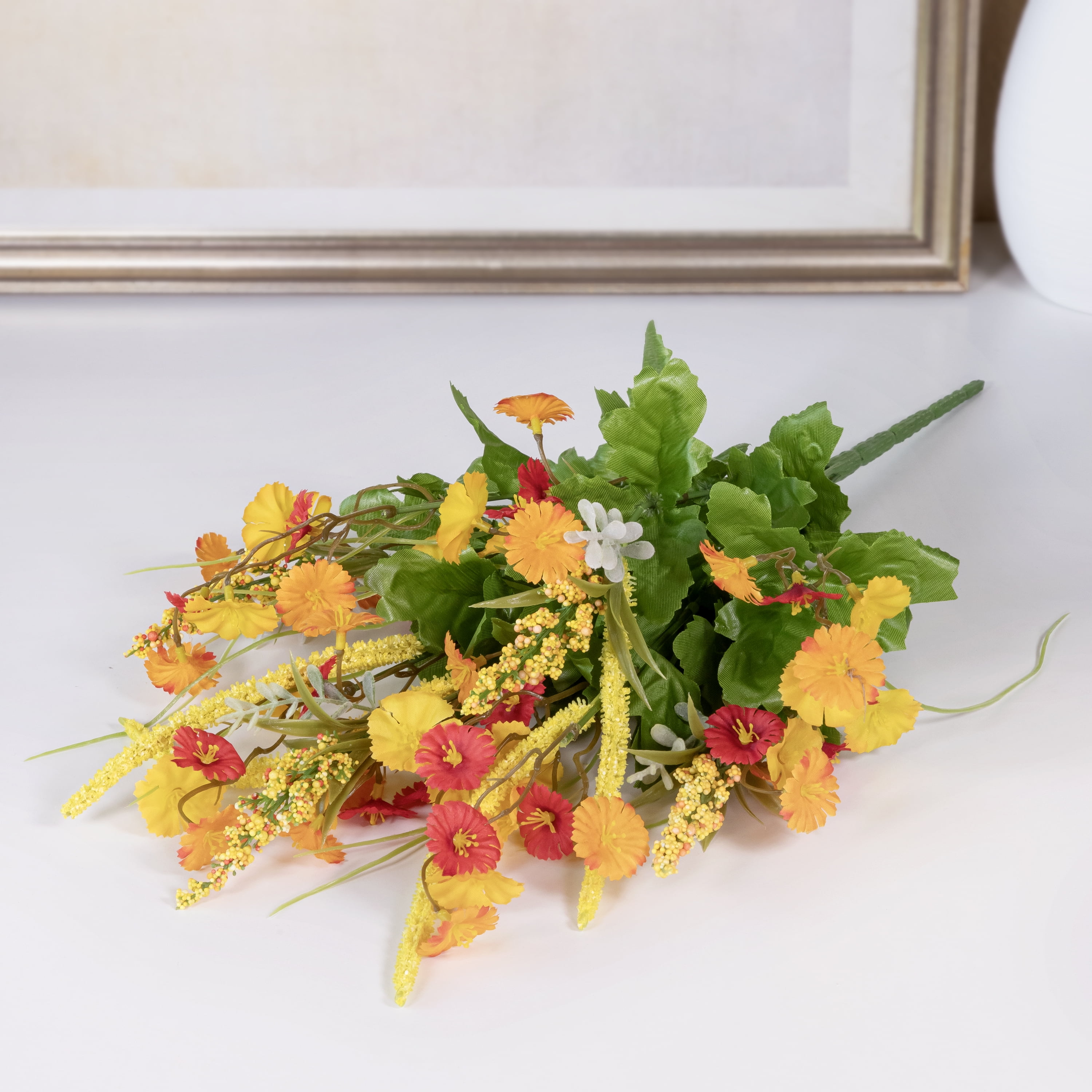 (2 pack) Mainstays 19 in Artificial Silk Orange & Yellow Wildflower Mixed Bush for Indoor Use