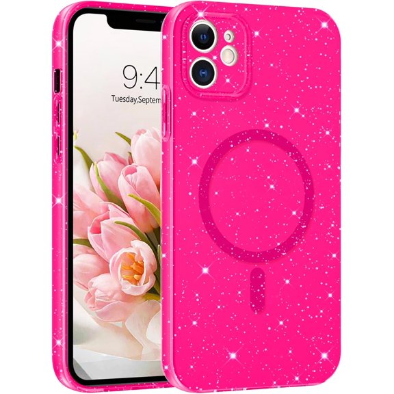 for iPhone 12 Case, iPhone 12 Glitter Bling Case Compatible with Magsafe Wireless Charging Anti-Scratch Flexible Soft TPU Sparkly Magnetic iPhone 12 Phone Case for Women Girls, Hot Pink