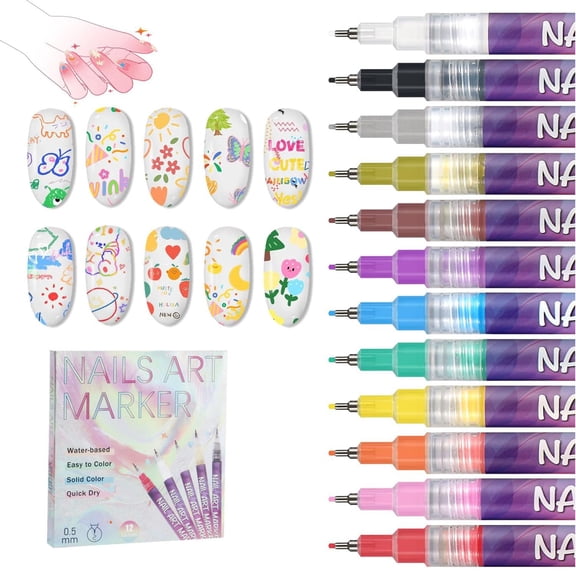 12 Colors Nail Art Pens Set, 3D Nail Polish Pens, Quick-Dry 0.5MM DIY Nail Art Markers Graffiti Dotting Pen for Nails Art Design Manicure Nail DIY Decoration