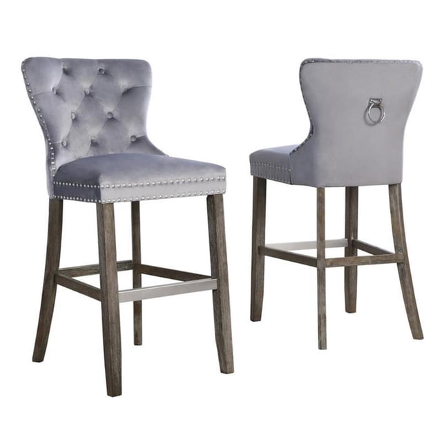 Tabourets de Bar en Velours Gris Rustique avec Poignée Chromée et Repose-Pieds (Ensemble de 2)