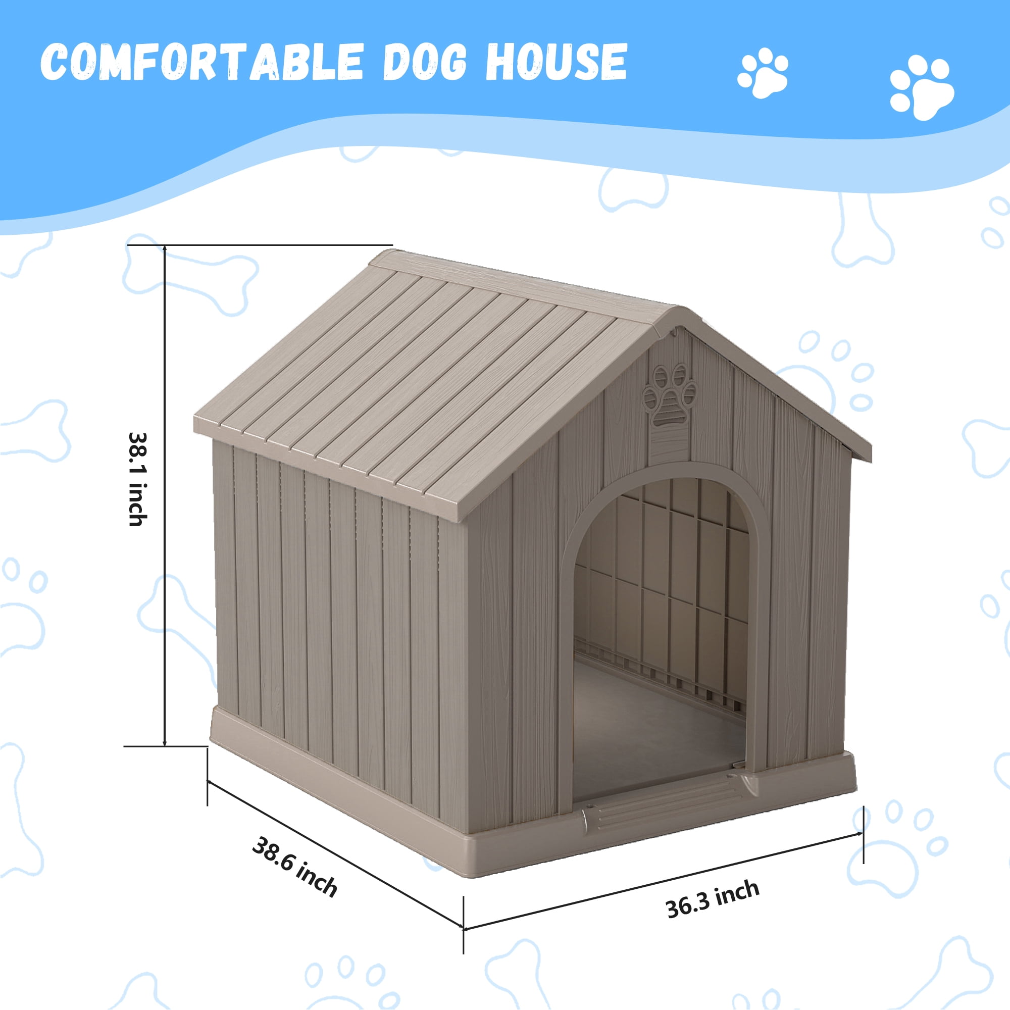FICARTS Indoor/Outdoor Weather-Resistant Dog House, Elevated Pet Shelter with Sloped Roof & Ventilation, Durable Dog Kennel for Medium to Large Dogs