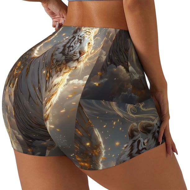 Fotbe Golden White Tiger Shorts Sin Costuras – Shorts Deportivos de Cintura Alta para Mujer, Elásticos para Gimnasio, Yoga, Running o Ciclismo-X-Large