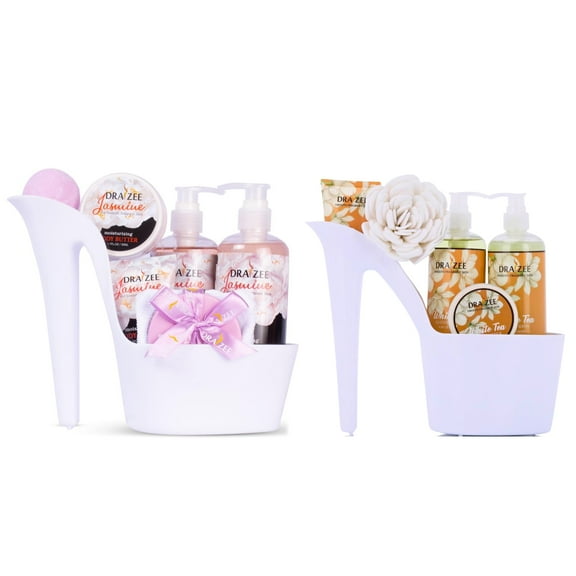 Set of 2 Draizee 14 Pcs Scented Spa Gift Basket Jasmine, White Tea  with Shower Gel, Bubble Bath, Body Butter &
