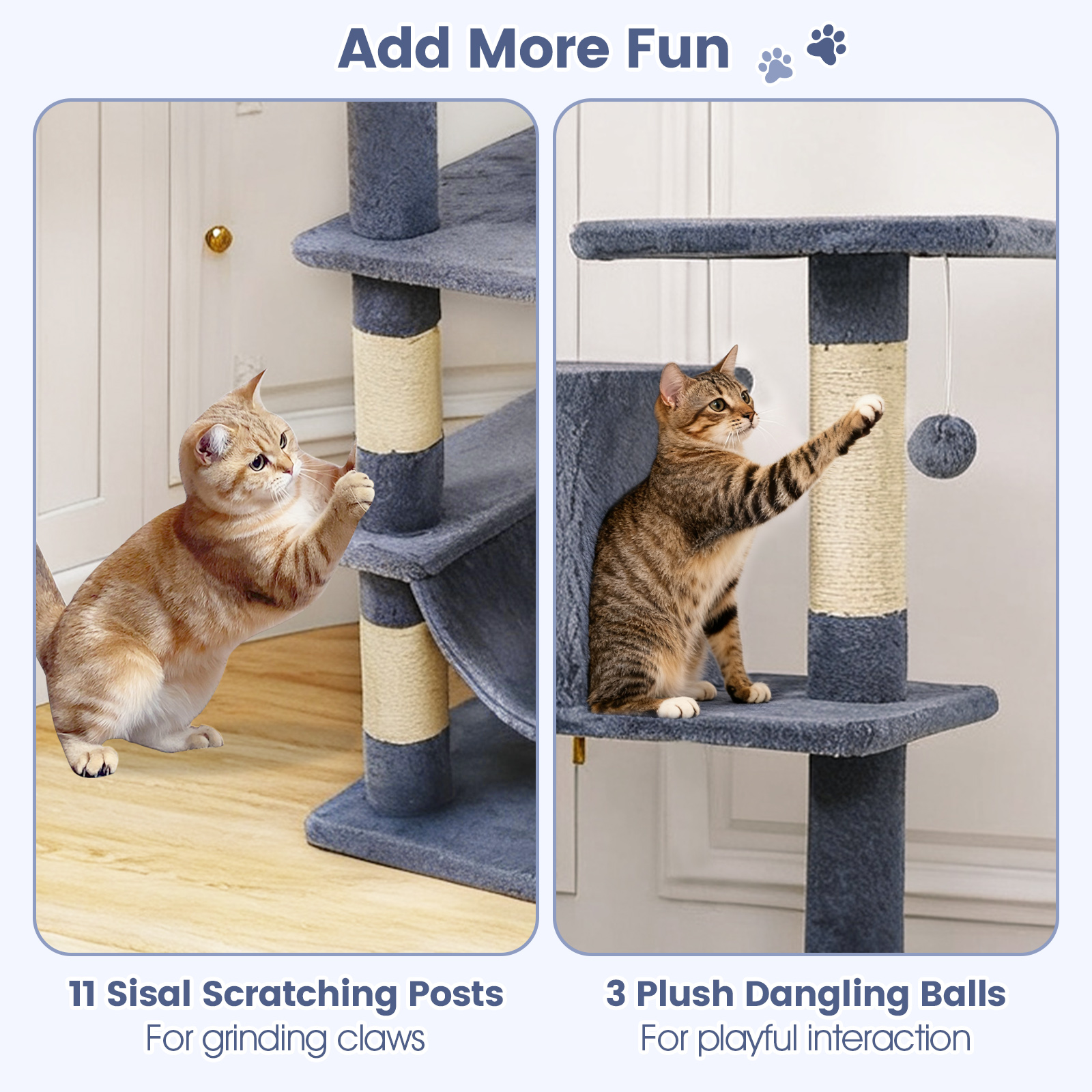 Gymax 66'' Tall Cat Tree w/2 Condos Sisal Scratching Posts Plush Perch Hammock Basket Dark Gray