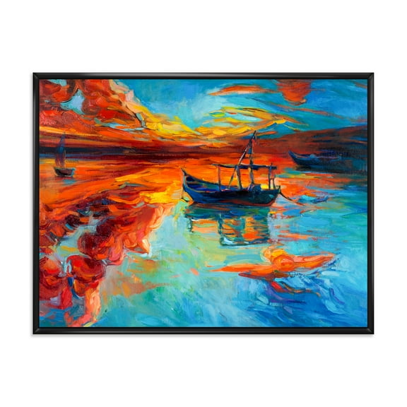 Designart 'Boat At The Lake During Evening Glow IV' Nautical & Coastal Framed Canvas Wall Art Print