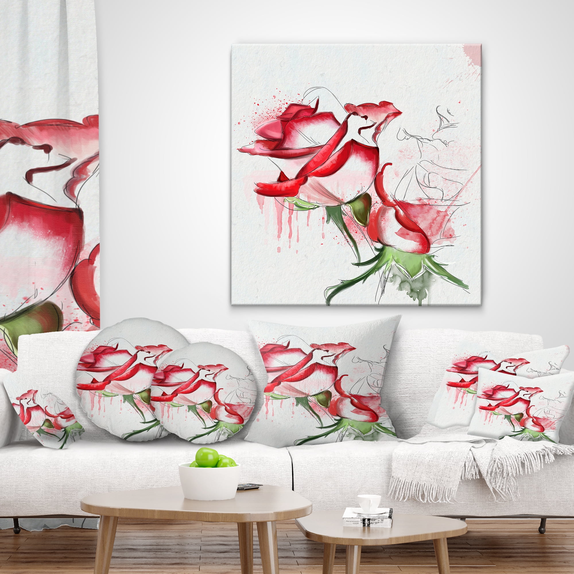 Designart Fantastic Red Roses Watercolor - Floral Throw Pillow - 16x16