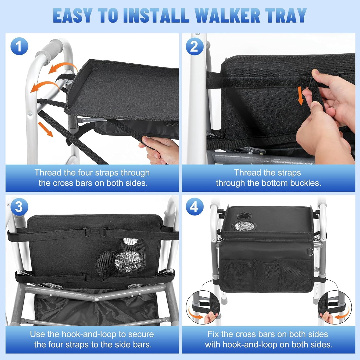 Rhino Valley Walker Tray for Folding Walker, Tray for Walkers with Non-Slip Mat for Food, 3 Front Pockets & 2 Cup Holders, Fits Most Standard Folding Walkers, Walker Accessories for Senior, Black