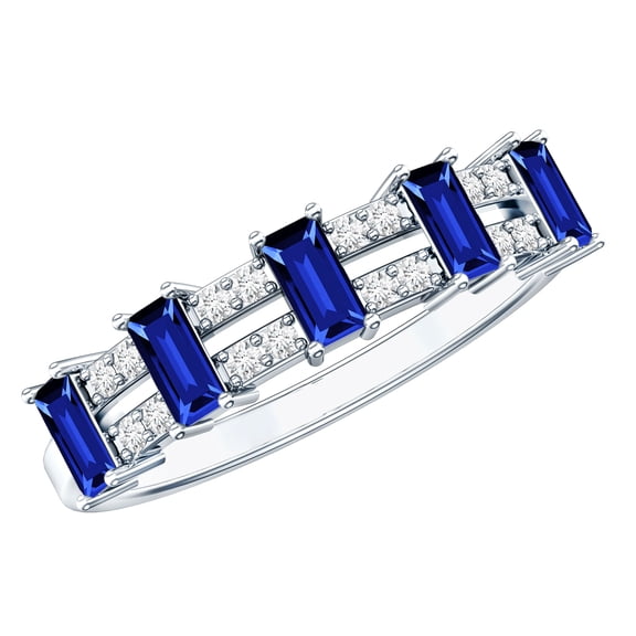Rosec Jewels Lab Grown Blue Sapphire Half Eternity Ring for Women - Baguette Sapphire Diamond Ring - AAAA Quality, 925 Sterling Silver, US 4.00