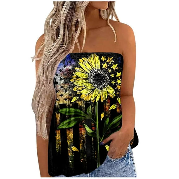 Dyegold Summer Tops for Women 2023 Trendy, Casual Womens Plus Size Tube Tops 4th July Patriotic Strapless Tshirts Sleeveless Off Shoulder Smocked Swing ​Blouse