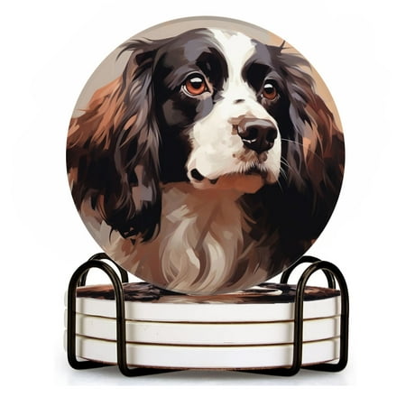 

BaHomeck Drink Coasters Set of 4 with Holder English springer spaniel cute vector art Water Absorbent Ceramic Coasters Tabletop Protection Suitable for Various Cup Home Decor