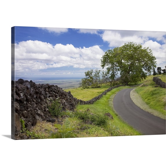 Great BIG Canvas | "Hawaii, Maui, Kula, A stone wall lines a country road with views of Maui" Canvas Wall Art - 30x20