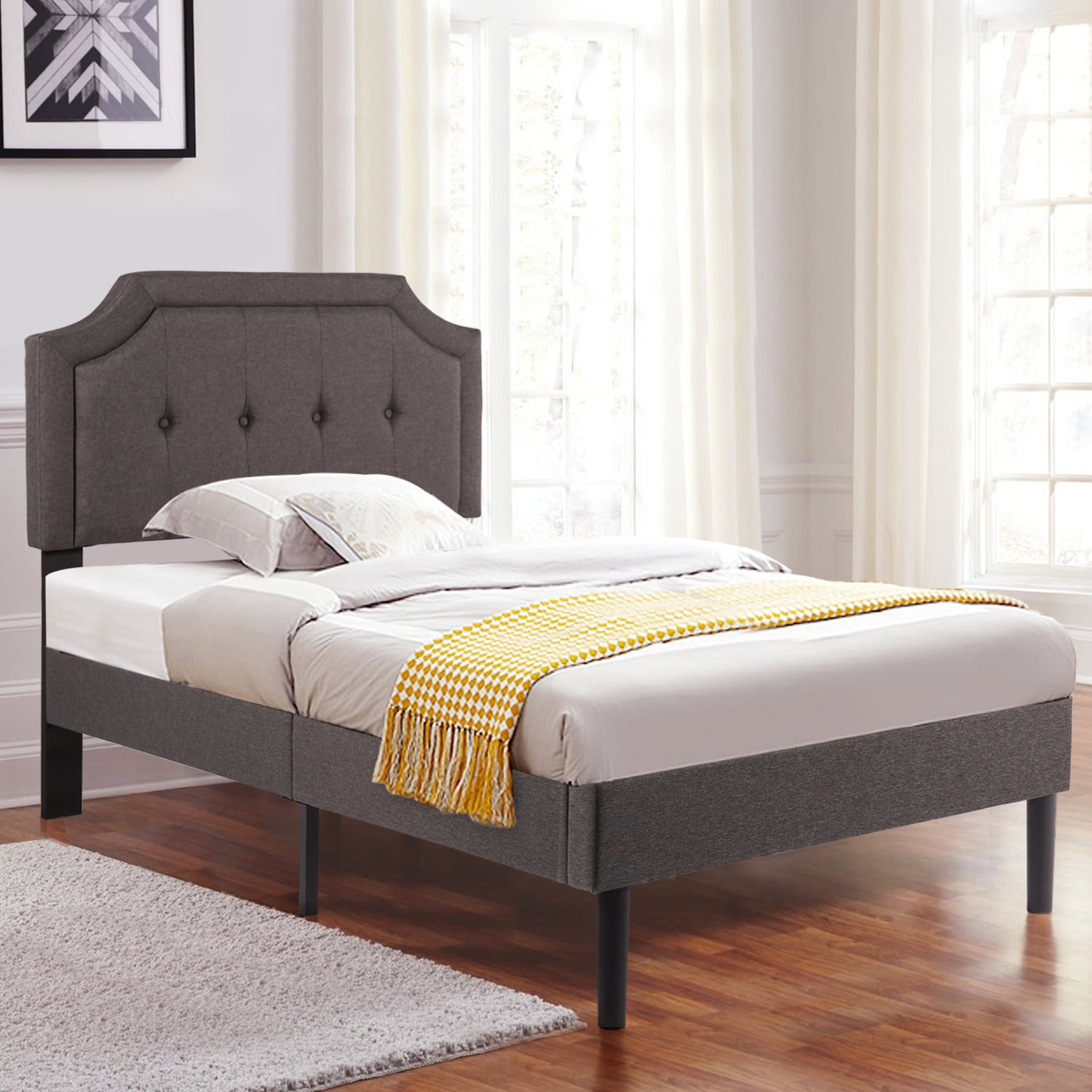 VECELO Upholstered Platform Bed Frame with Height Adjustable Tufted