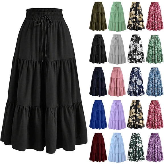 Xuniizn Summer Casual Maxi Skirts for Women High Waisted Boho Flowy Beach Vacation Long Skirt Pleated Trendy Skirts with Pockets Black L