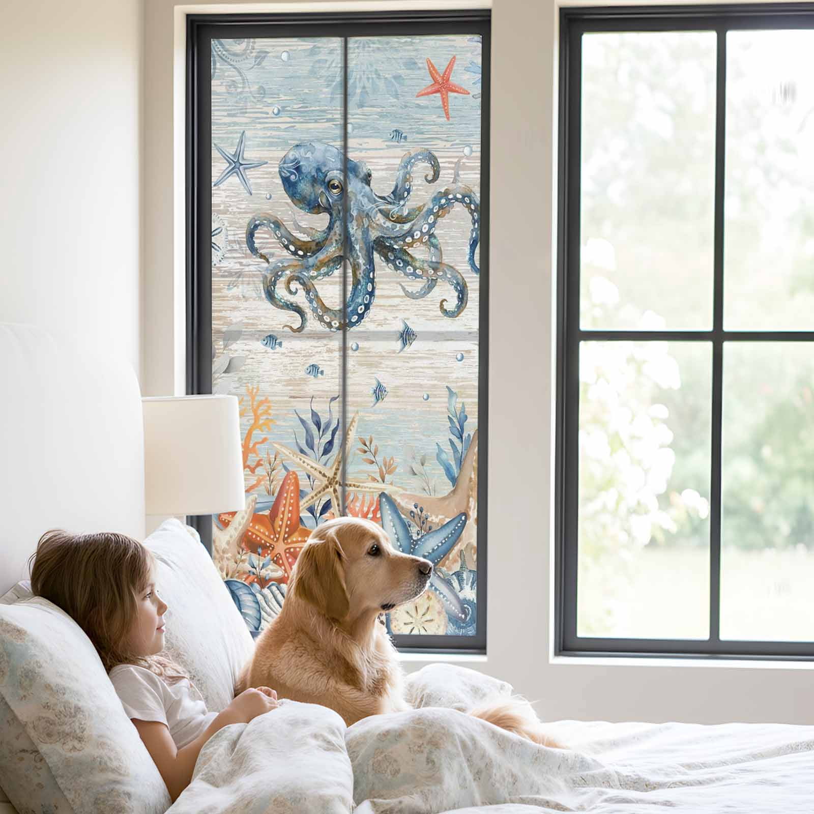 Oceans Marine Life Window Privacy Film, Orange Blue Octopus Starfish Retro Wooden Frosted Glass Window Clings Static Cling UV Heat Blocking Reusable Door Sticker for Bathroom 23.6 x 59 Inch
