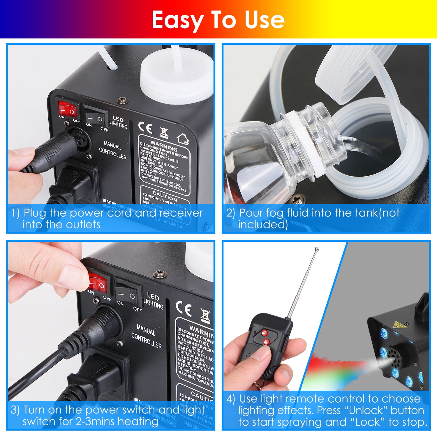 Fog Machine 2000CFM Colorful Smoke Machine with 8Pcs LEDs 5 Lighting Effects 3-Level Brightness