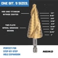 thumbnail image 5 of NEIKO 10625A Step Drill Bit, 9 Steps 1/2" to 1" Spiral High Speed Steel, Titanium Nitride Coated, 1/4" Quick Change Step Bits for Steel, Metal, Wood, Plastic, Unibit Cone Drill Bits, Two Flute, 5 of 7
