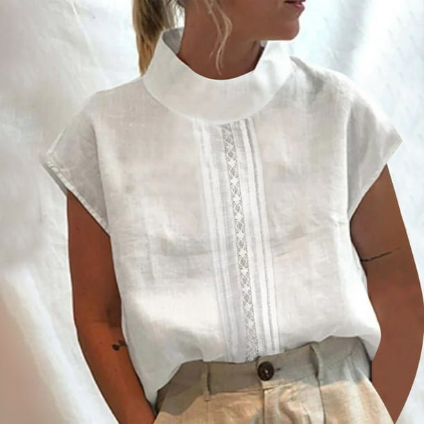 Blusas de Encaje de Lino y Algodón Fiudx Cuello Alto Informales Color Sólido Primavera Verano Mujer