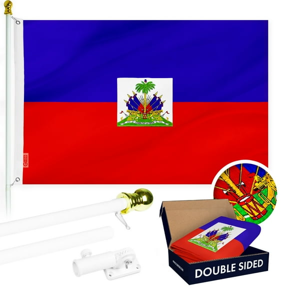 G128 Flag Pole 6 FT White Tangle Free & Haiti Haitian Flag 3x5 FT Combo Double Sided Embroidered 210D Polyester