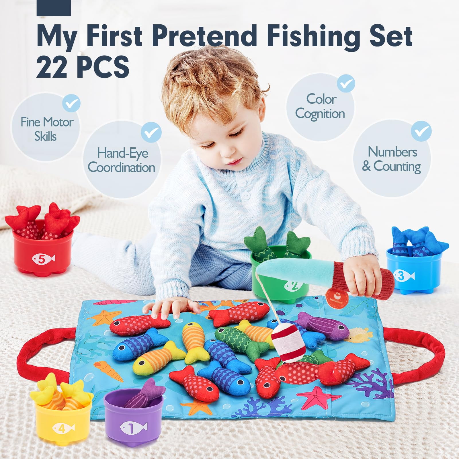 ToyM Toddler Toys Montessori Toys for 1 Year Old Boy Girl Birthday Gift, 10 in 1 Cloth Fishing Game with Stacking Cups- Number Counting, Color Sorting, Shape Learning Easter Gifts Toddler Boy