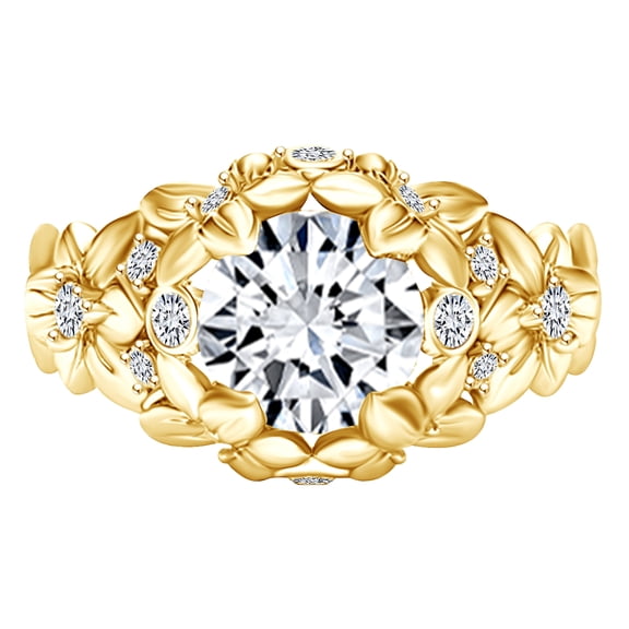 AFFY 1.16 Carat Round Shape Moissanite & Natural Diamond Anniversary Ring 14K Solid Yellow Gold Ring Size-5