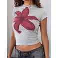 thumbnail image 3 of Women Short Sleeve Baby Tee Y2k Flower Graphic Printed Crop Top Slim Fit Crew Neck Tees Grey XL, 3 of 7