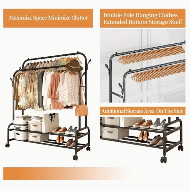 Clothes Rack for Hanging Clothes, Metal Clothes Garment, Portable Sturdy Clothes Rack, Extendable Rolling Garment Rack with Wheels for Laundry Room