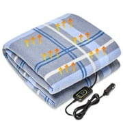 CozyBox Electric 12V Heated Fleece Car Plaid Blanket With Controller For Timer & Heat Levels Travel Blanket