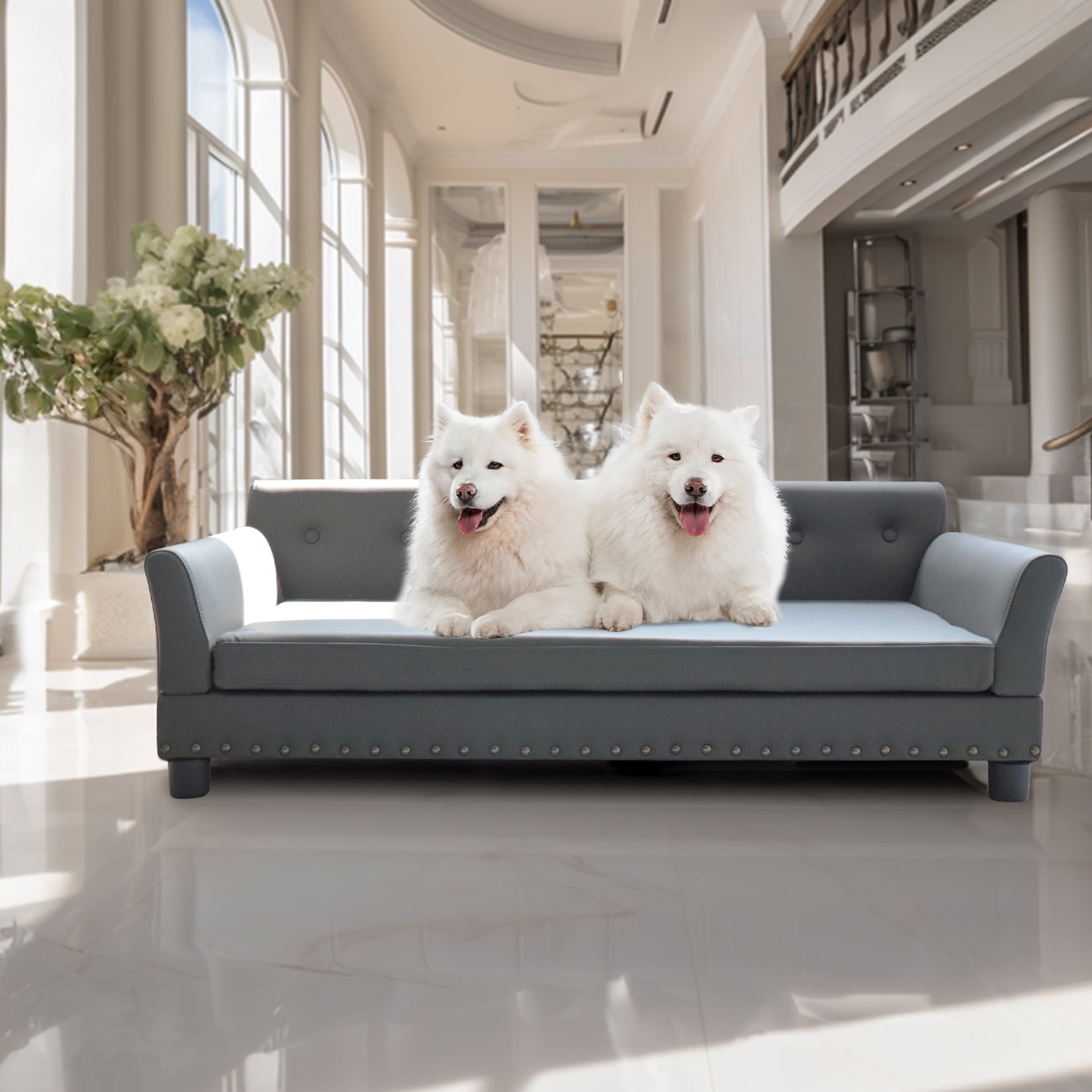 BingoPaw Extra Large Wooden Frame Raised Lounge Bed Dog Sofa Couch with Comfortable Cushion Mat Grey