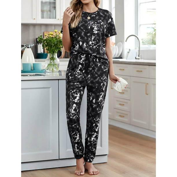 Women s Black Tie dye T shirt Pants PJ Set Walmart