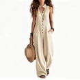 thumbnail image 3 of Women's Cotton Breathable Casual Jumpsuit, V-Neck Sleeveless Button Front, Solid Color, Loose Fit, Elastic Waist Design, Versatile Work & Weekend Outings, Ladies Soft | VerBelle,Khaki L, 3 of 8