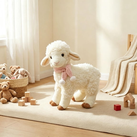 Adorable Standing Lamb Plush Animal Toy Soft Sheep Figurine for Home Decoration and Holiday Birthday Gifting Comfort Companion, 12 Inch