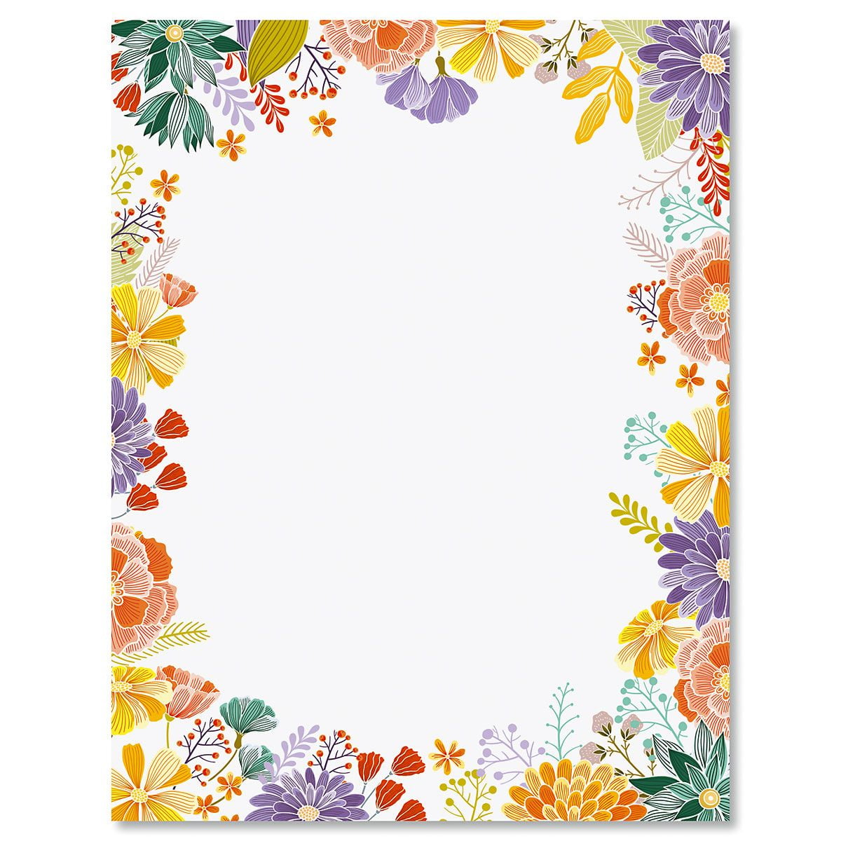 Wildflower Frame Floral Letter Papers - Set of 25 floral stationery papers are 8 1/2" x 11", compatible computer paper, Wedding & Bridal Shower Flyers, Invitations, or Letter Paper