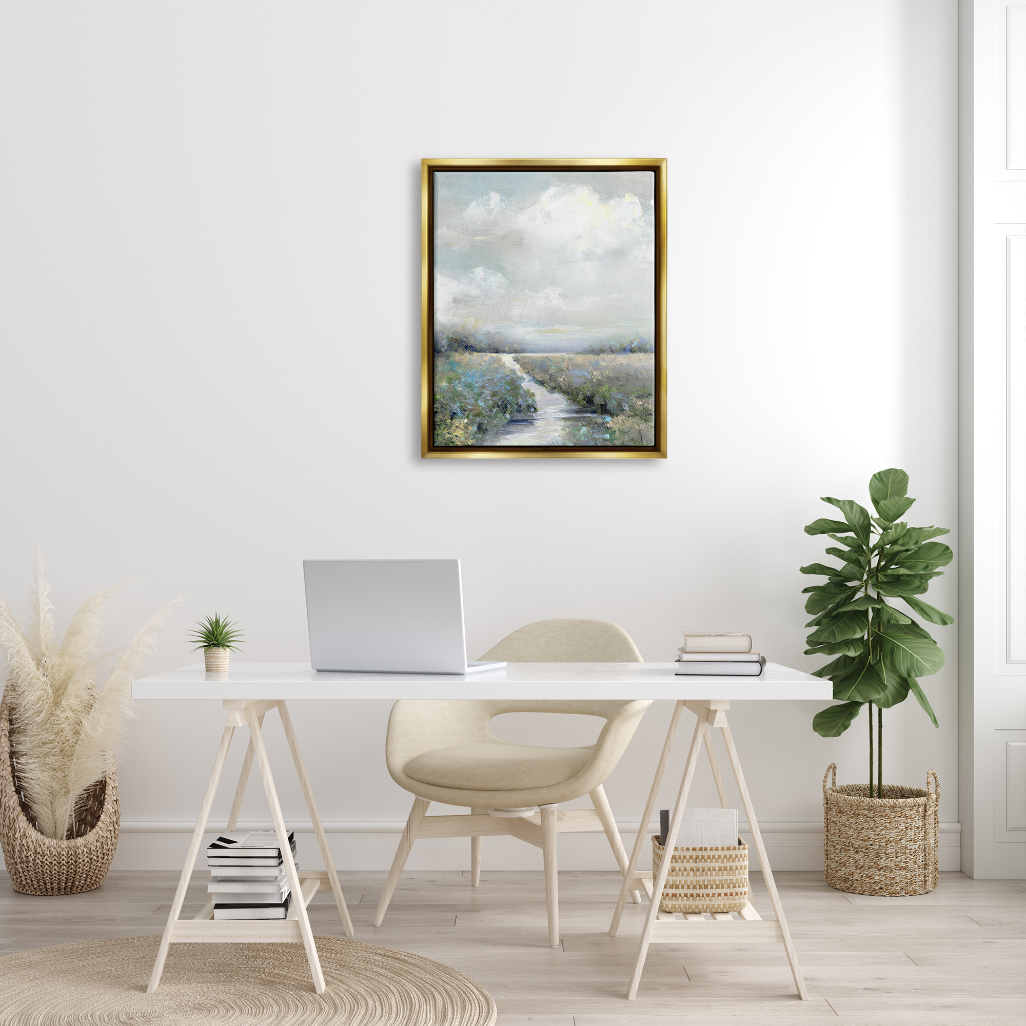 Stupell Industries Tranquil Flowers Blooming Meadow Path Puffy Clouds Painting Metallic Gold Floating Framed Canvas Print Wall Art, Design by Sally Swatland