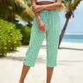 thumbnail image 4 of Gingham Capris for Women Petite Linen Cropped Pant Lightweight Dressy Casual Wide Leg Elastic Waist Summer Pull on Ladies Palazzo Capri Trouser with Pockets Green XL, 4 of 6
