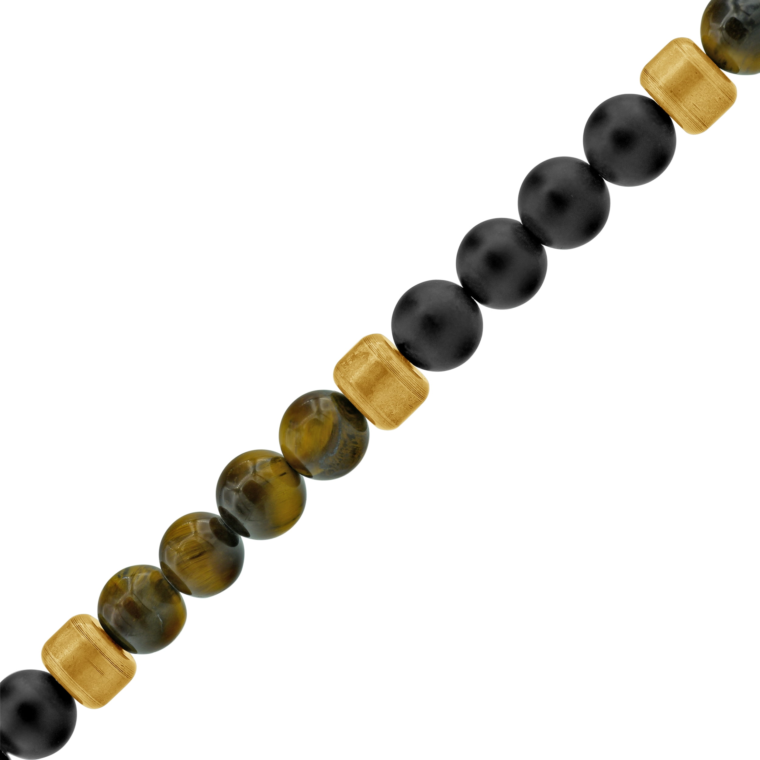 Arista Men's Genuine Onyx and Tiger Eye Beaded Bracelet in Gold Plated Stainless Steel, 8"